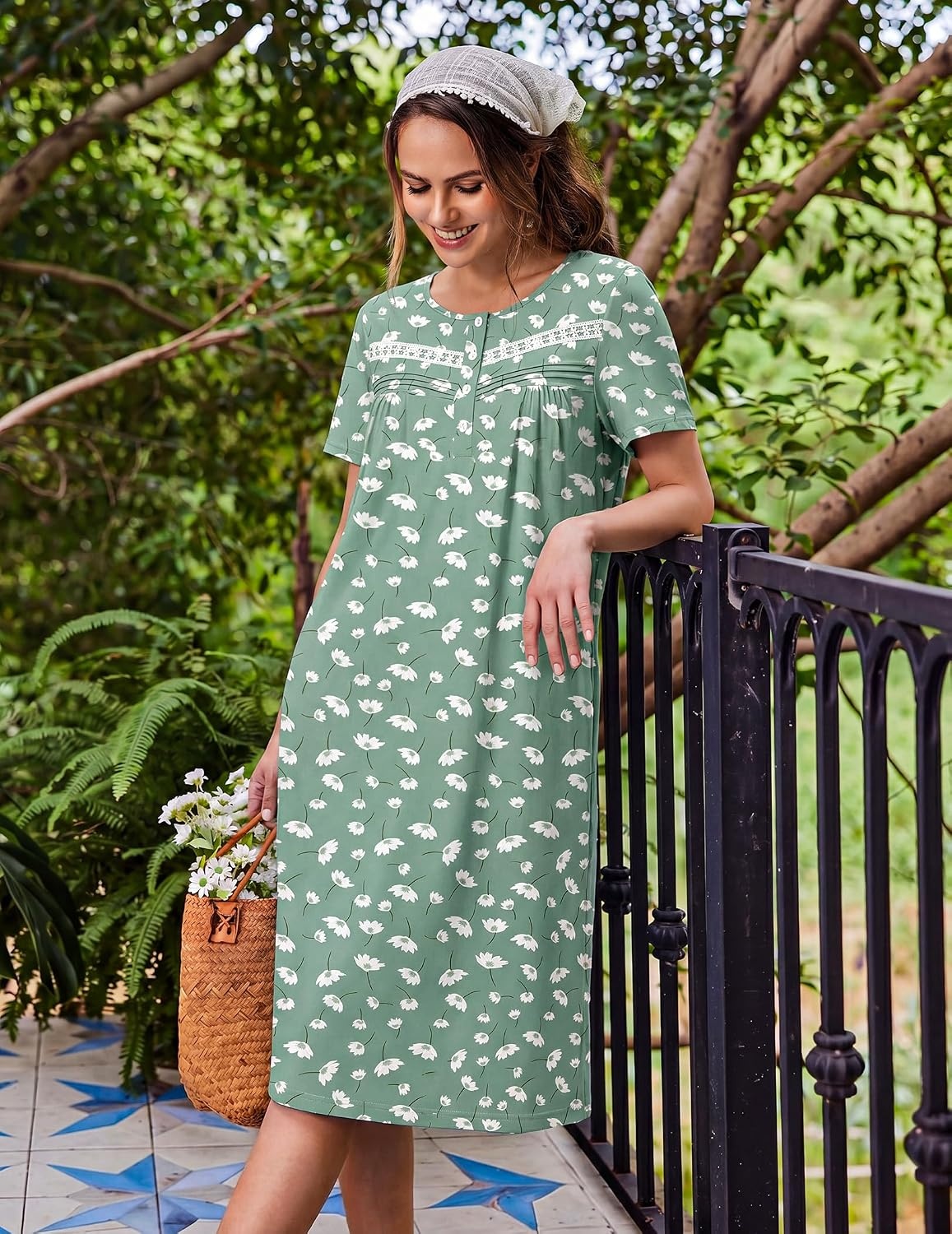 image:imageEkouaer Nightgowns for Women with Pockets Short Sleeve Henley SleepshirtsGreen White Floral