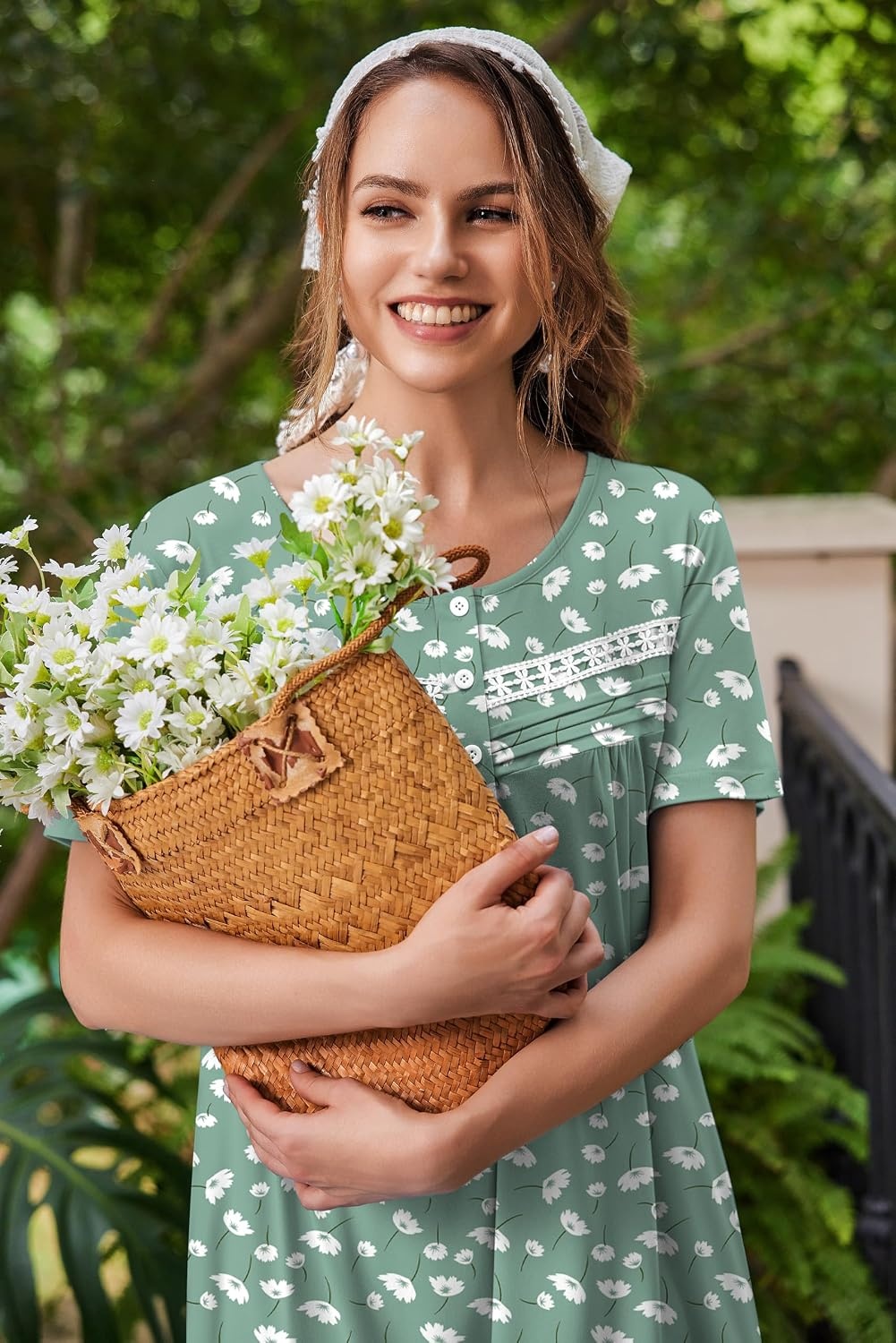 image:imageEkouaer Nightgowns for Women with Pockets Short Sleeve Henley SleepshirtsGreen White Floral