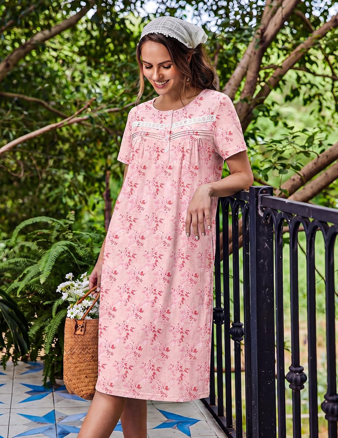 image:imageEkouaer Nightgowns for Women with Pockets Short Sleeve Henley SleepshirtsPink Floral