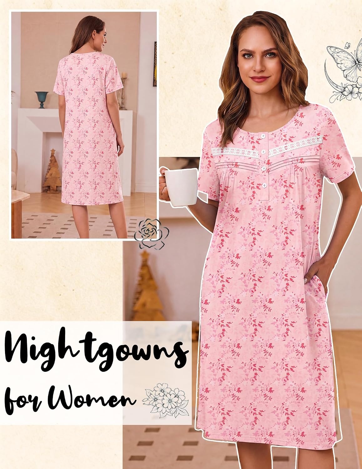 image:imageEkouaer Nightgowns for Women with Pockets Short Sleeve Henley SleepshirtsPink Floral