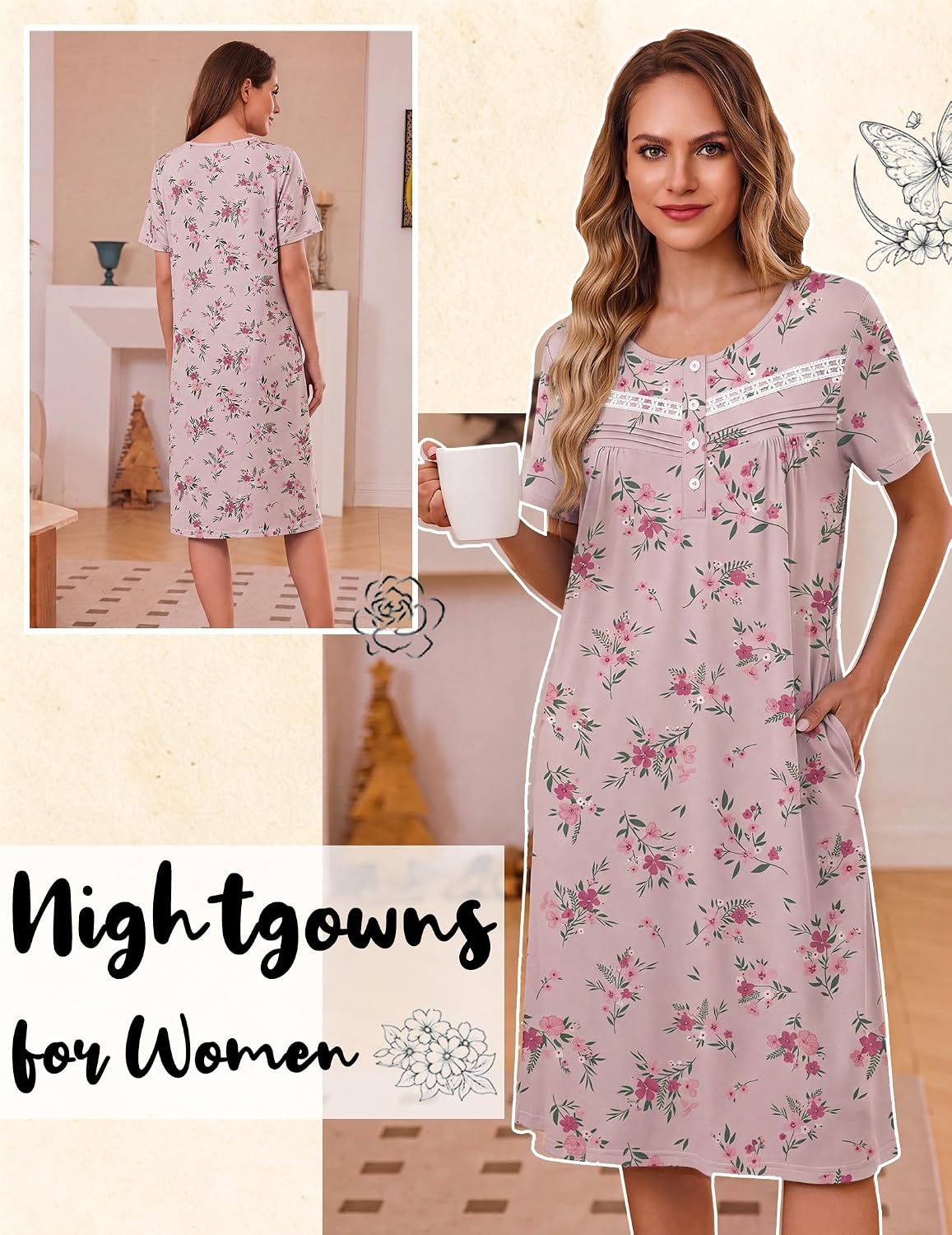 image:imageEkouaer Nightgowns for Women with Pockets Short Sleeve Henley SleepshirtsPink Floral Leaf