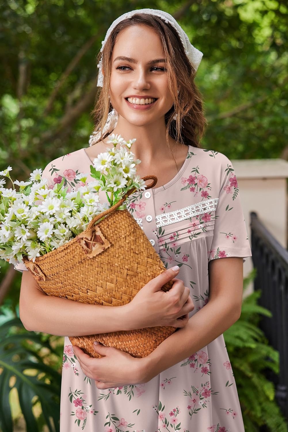 image:imageEkouaer Nightgowns for Women with Pockets Short Sleeve Henley SleepshirtsPink Floral Leaf