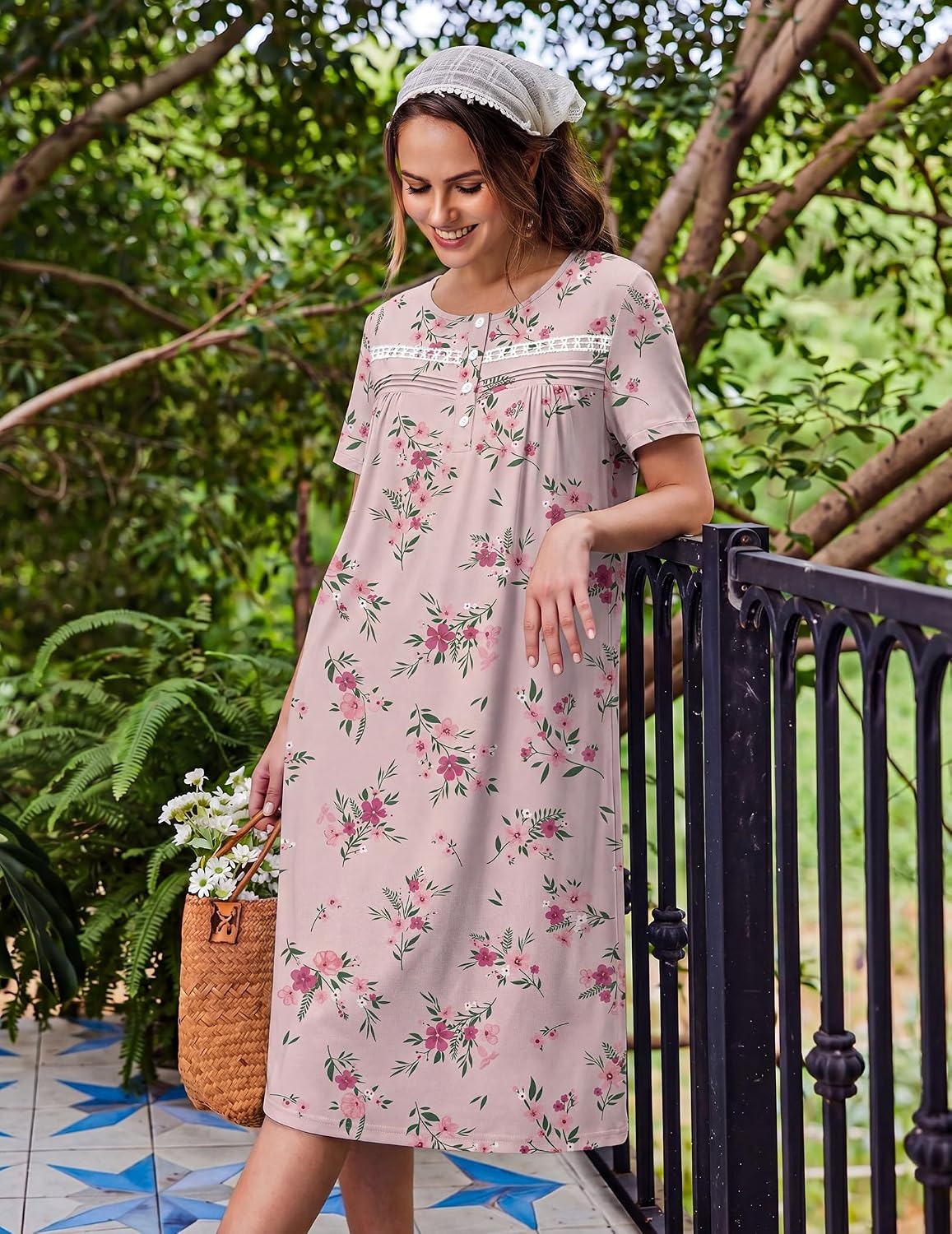 image:imageEkouaer Nightgowns for Women with Pockets Short Sleeve Henley SleepshirtsPink Floral Leaf