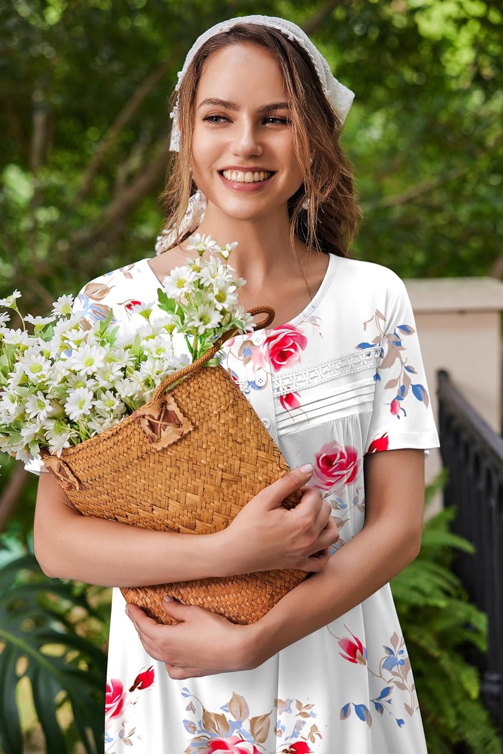 image:imageEkouaer Nightgowns for Women with Pockets Short Sleeve Henley SleepshirtsRed Rose