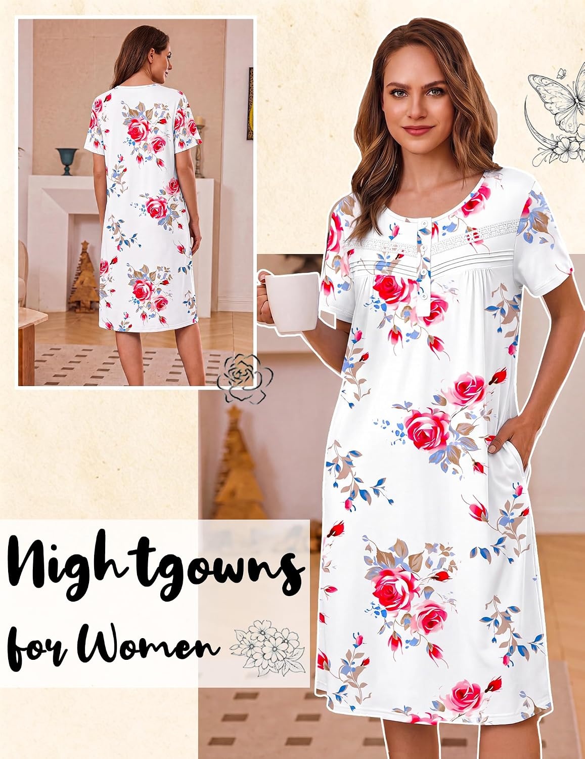 image:imageEkouaer Nightgowns for Women with Pockets Short Sleeve Henley SleepshirtsRed Rose