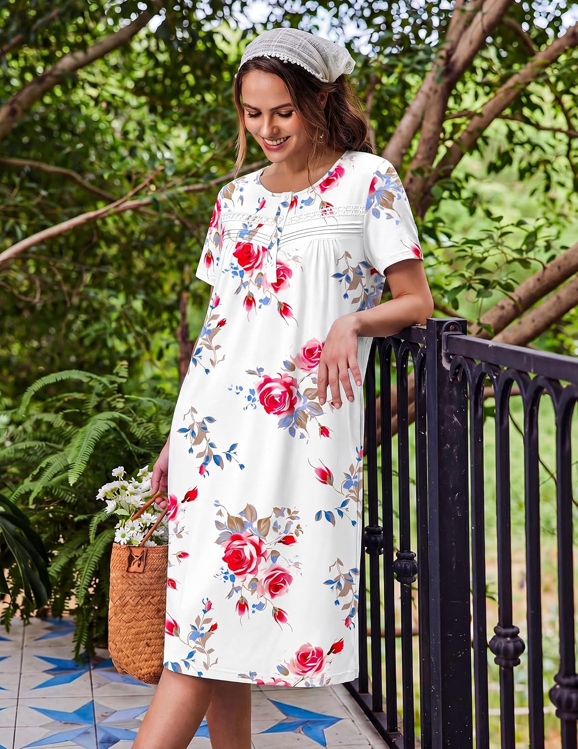 image:imageEkouaer Nightgowns for Women with Pockets Short Sleeve Henley SleepshirtsRed Rose