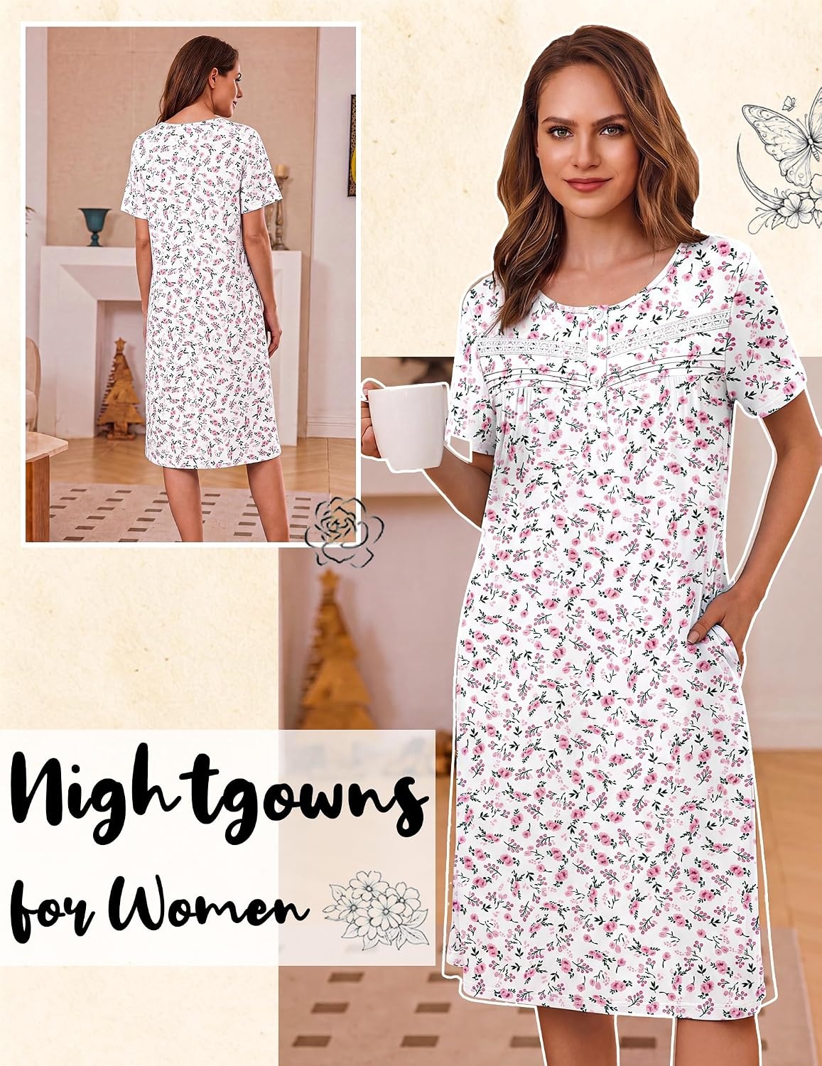 image:imageEkouaer Nightgowns for Women with Pockets Short Sleeve Henley SleepshirtsWhite Pink Floral