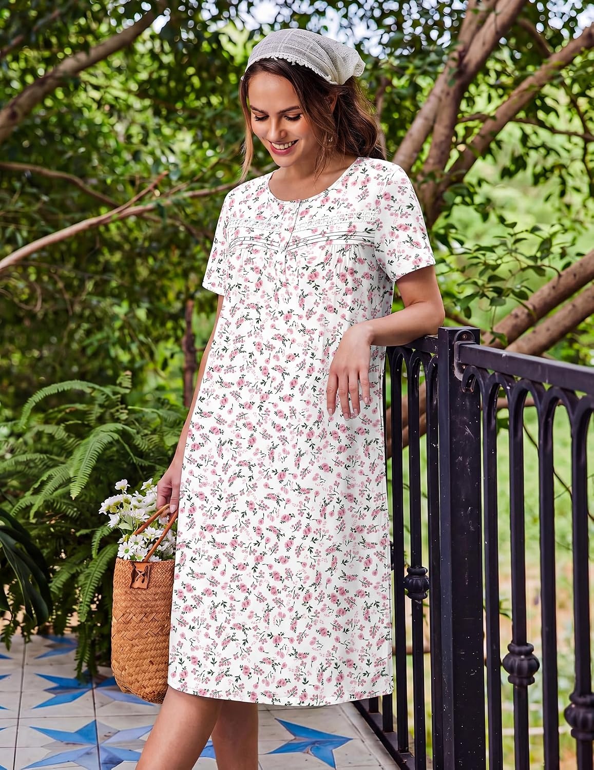 image:imageEkouaer Nightgowns for Women with Pockets Short Sleeve Henley SleepshirtsWhite Pink Floral