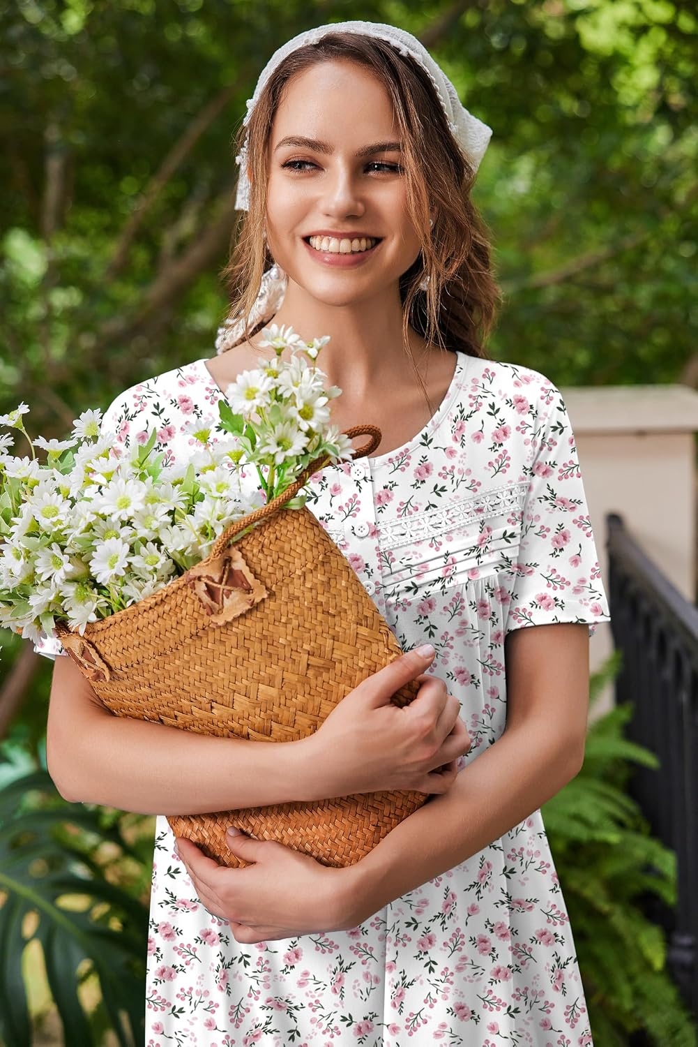 image:imageEkouaer Nightgowns for Women with Pockets Short Sleeve Henley SleepshirtsWhite Pink Floral