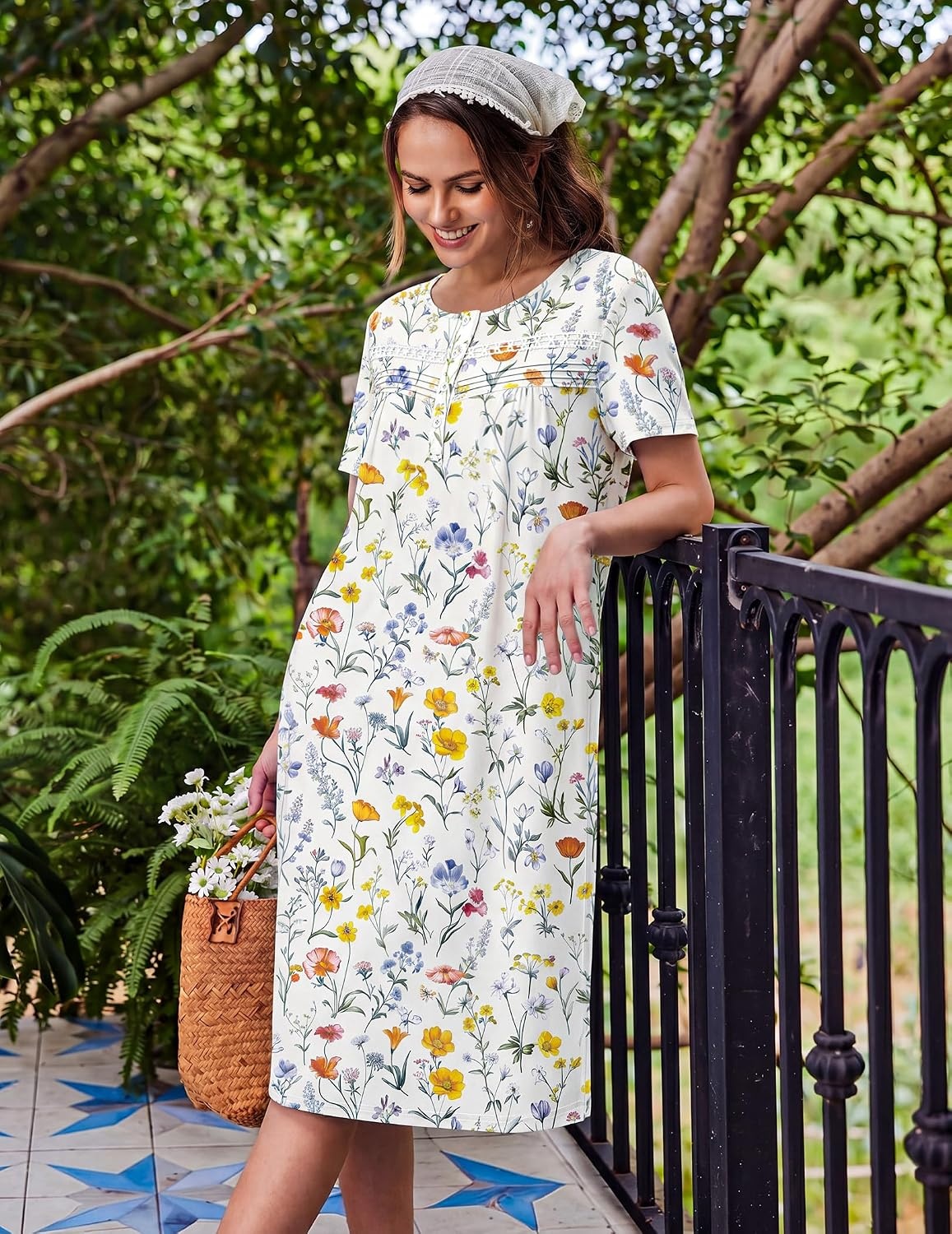 image:imageEkouaer Nightgowns for Women with Pockets Short Sleeve Henley SleepshirtsWhite Yellow Floral