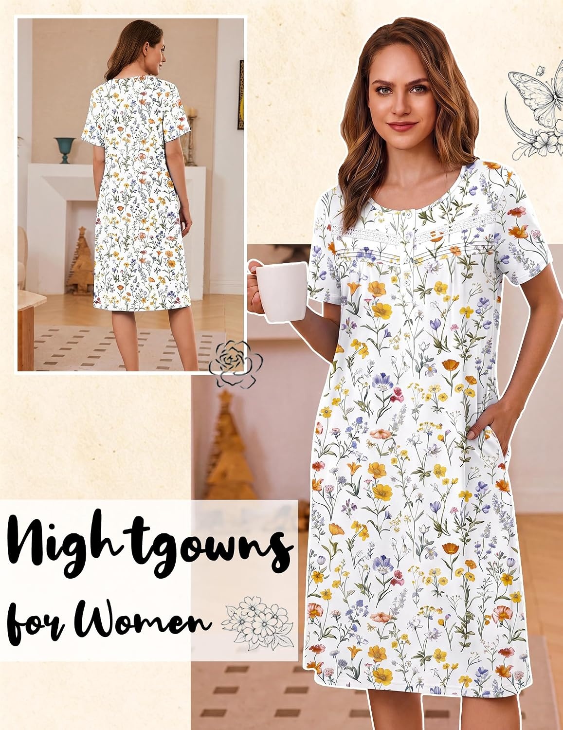 image:imageEkouaer Nightgowns for Women with Pockets Short Sleeve Henley SleepshirtsWhite Yellow Floral