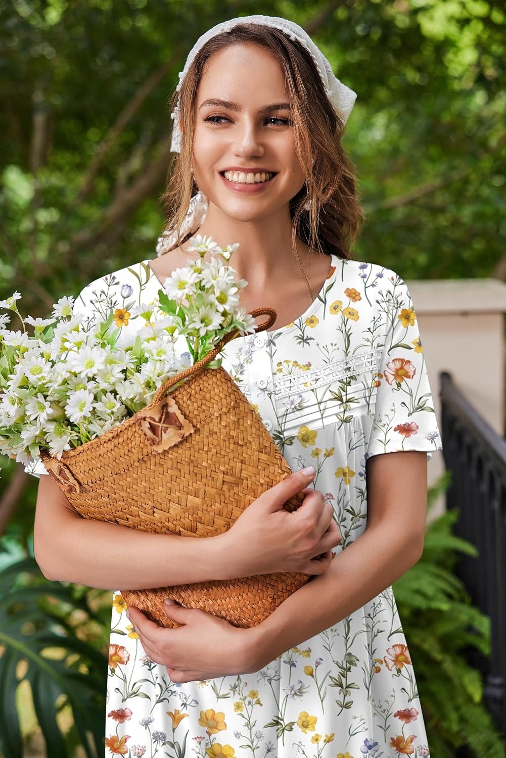 image:imageEkouaer Nightgowns for Women with Pockets Short Sleeve Henley SleepshirtsWhite Yellow Floral