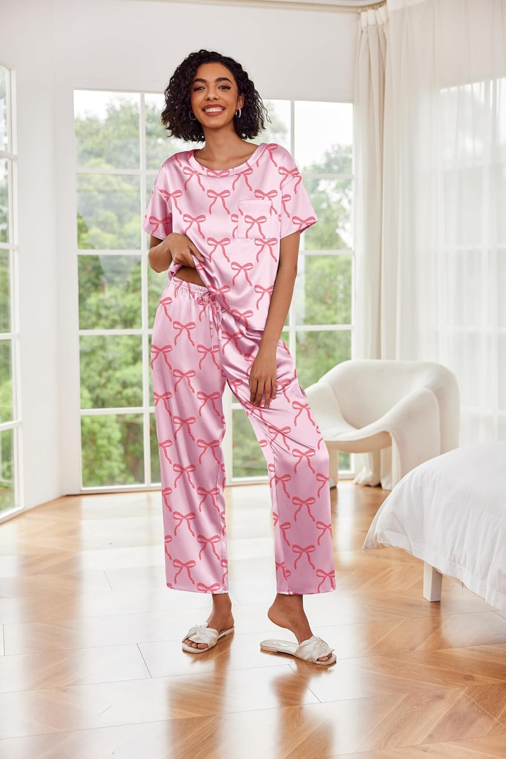 image:imageEkouaer Pajamas for Women Set Silky Satin 2 Piece Lounge Sets with PocketsBow