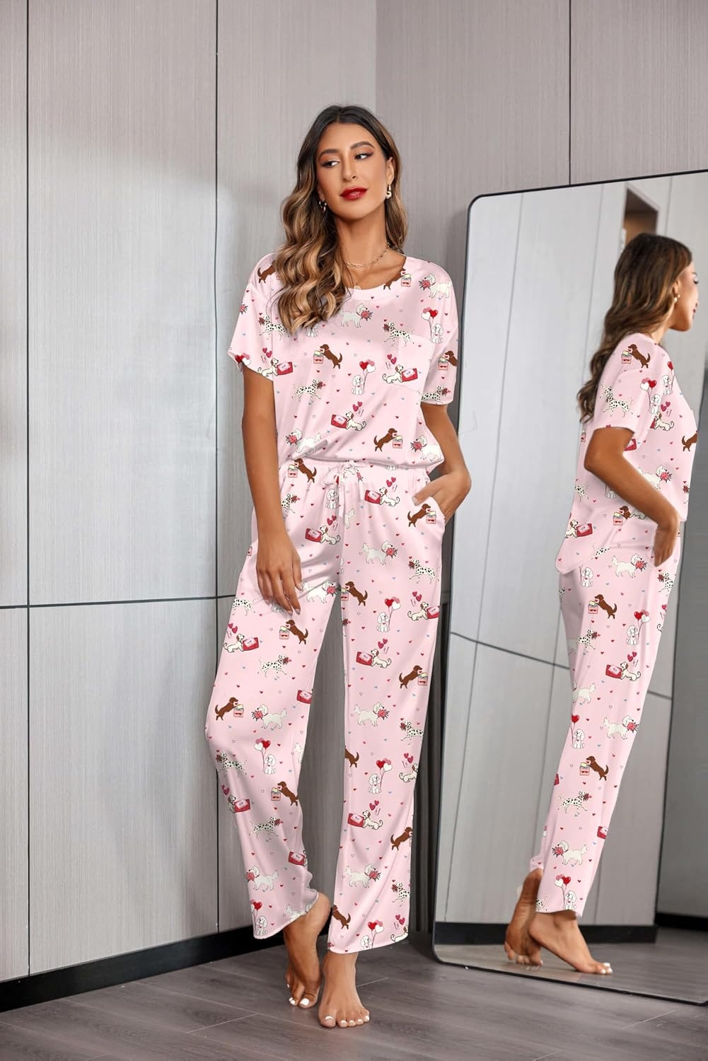 image:imageEkouaer Pajamas for Women Set Silky Satin 2 Piece Lounge Sets with PocketsCute Puppy