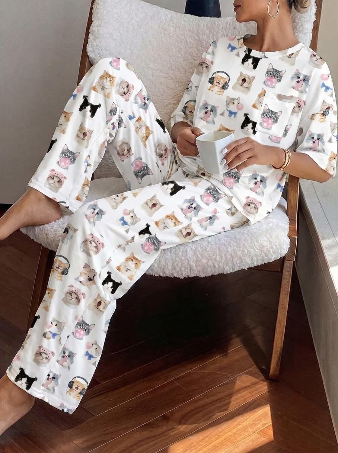 image:imageEkouaer Pajamas for Women Set Silky Satin 2 Piece Lounge Sets with PocketsFunny Cat
