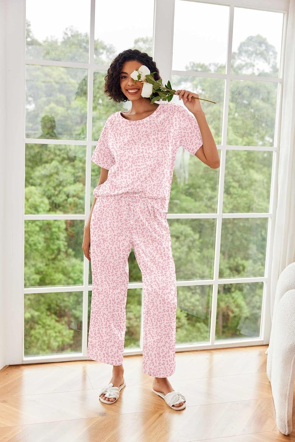 image:imageEkouaer Pajamas for Women Set Silky Satin 2 Piece Lounge Sets with PocketsPink Leopard Print