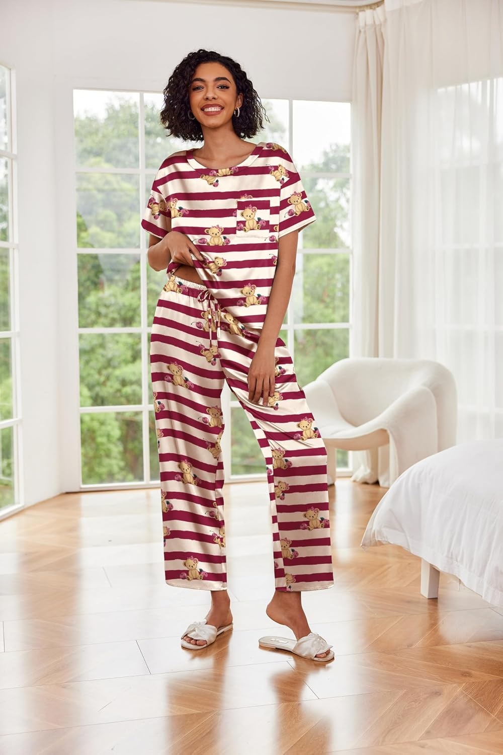 image:imageEkouaer Pajamas for Women Set Silky Satin 2 Piece Lounge Sets with PocketsStriped Teddy