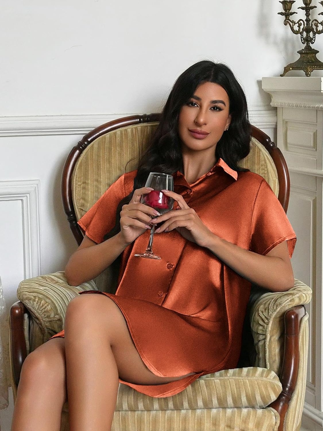image:imageEkouaer Satin Nightgowns for Women Button Down Silk Short Sleeve SleepshirtCaramel