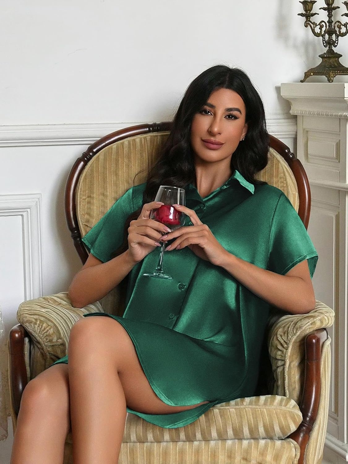 image:imageEkouaer Satin Nightgowns for Women Button Down Silk Short Sleeve SleepshirtEvergreen