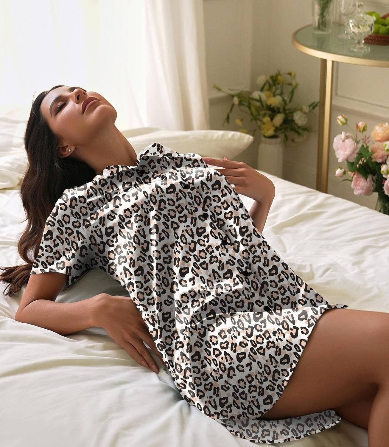 image:imageEkouaer Satin Nightgowns for Women Button Down Silk Short Sleeve SleepshirtLeopard