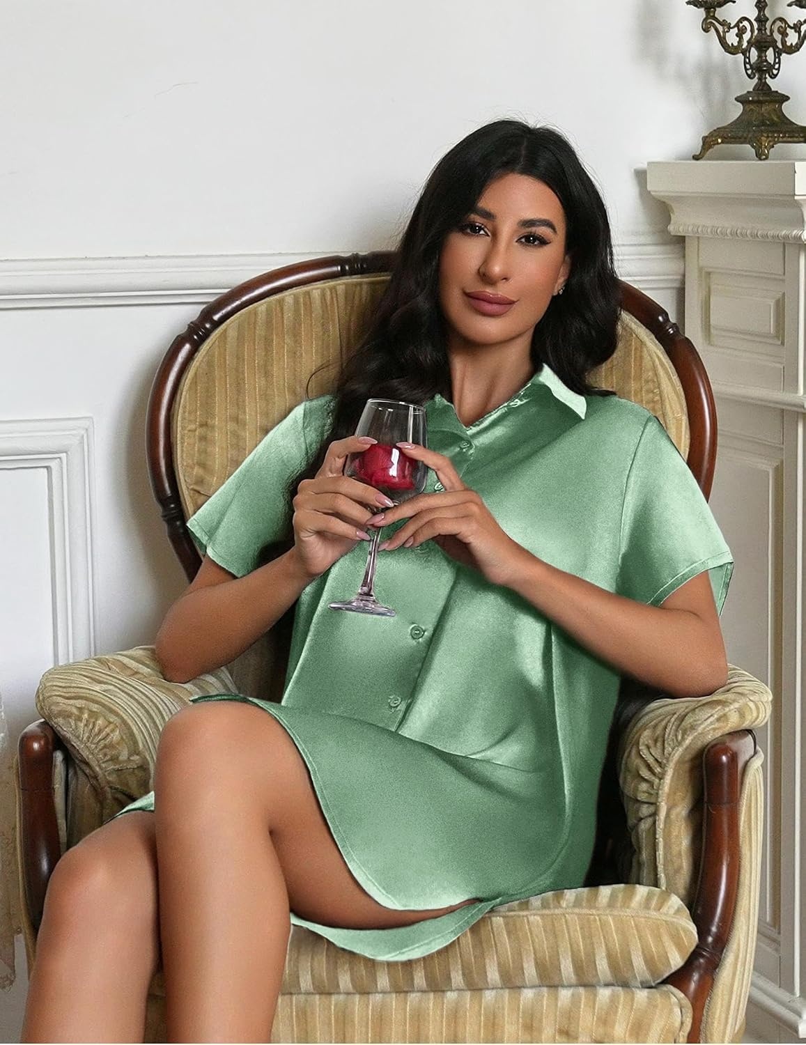 image:imageEkouaer Satin Nightgowns for Women Button Down Silk Short Sleeve SleepshirtMuted Green