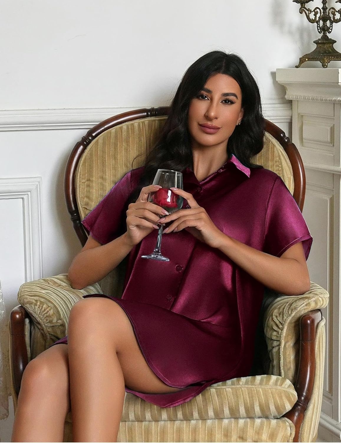 image:imageEkouaer Satin Nightgowns for Women Button Down Silk Short Sleeve SleepshirtWine Red