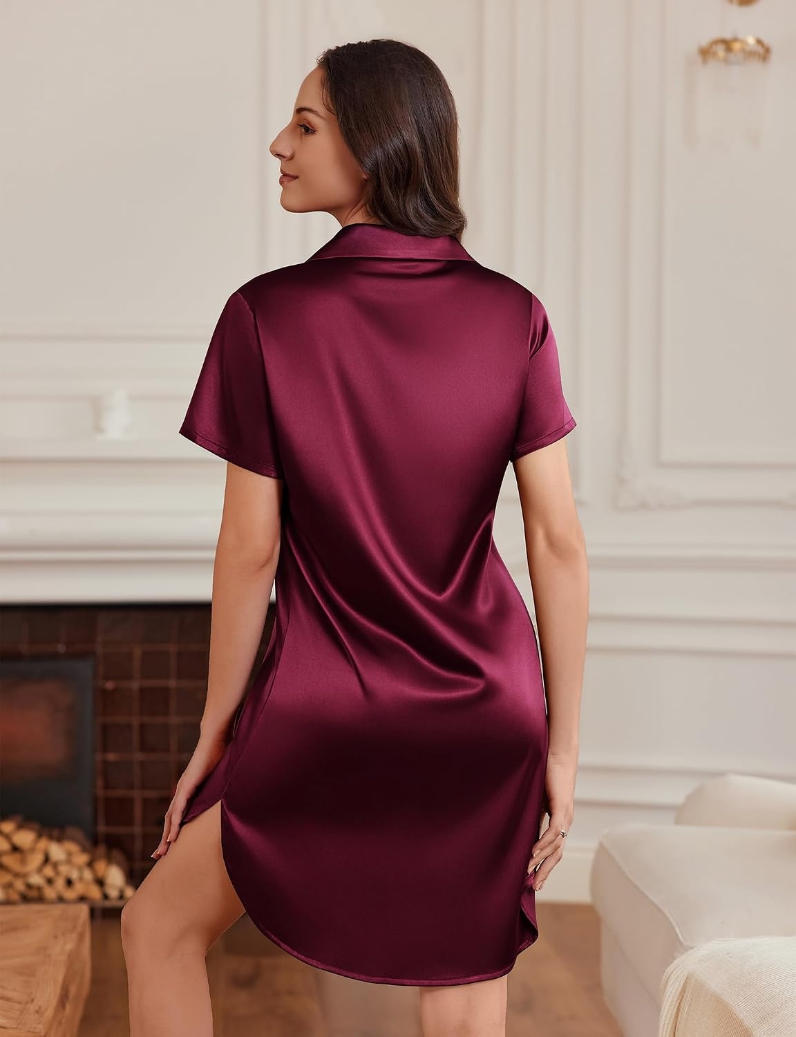 image:imageEkouaer Satin Nightgowns for Women Button Down Silk Short Sleeve SleepshirtWine Red