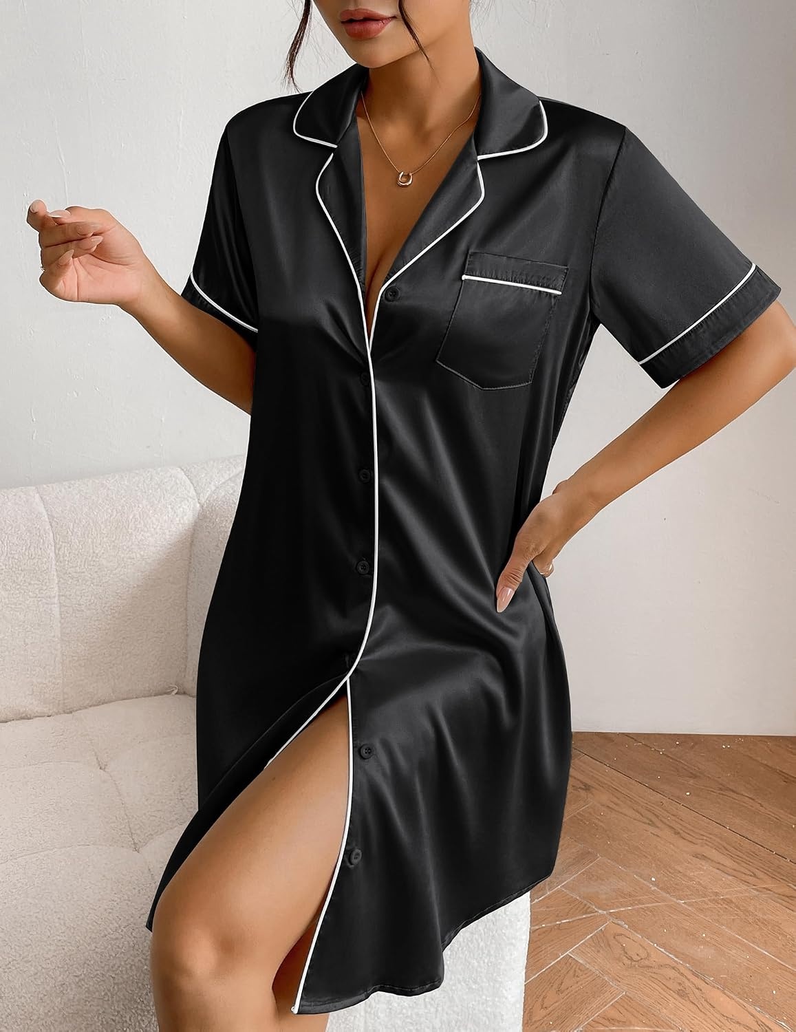 image:imageEkouaer Satin Nightgowns for Women Short Sleeve Button Down SleepshirtBlack