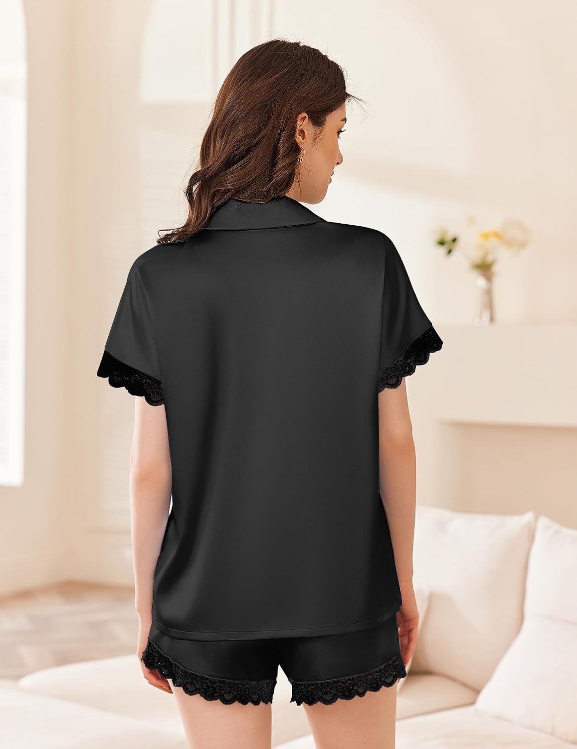 image:imageEkouaer Women Lace Satin Pajama Set Button Down Silk Pjs Shorts Set XSXXLBlack