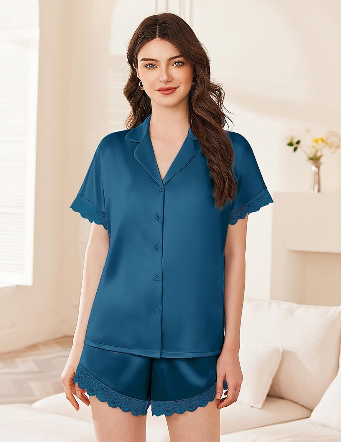 image:imageEkouaer Women Lace Satin Pajama Set Button Down Silk Pjs Shorts Set XSXXLBlue Green