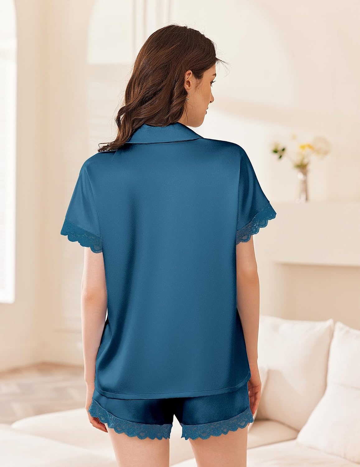 image:imageEkouaer Women Lace Satin Pajama Set Button Down Silk Pjs Shorts Set XSXXLBlue Green
