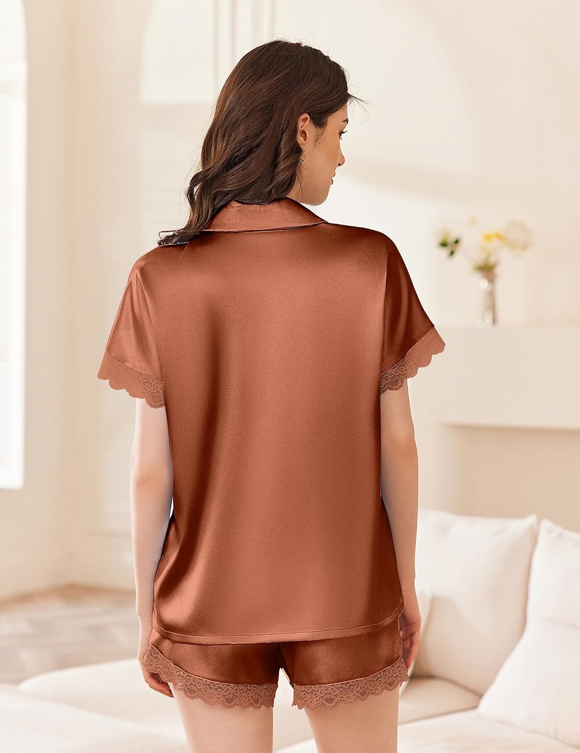 image:imageEkouaer Women Lace Satin Pajama Set Button Down Silk Pjs Shorts Set XSXXLBrown