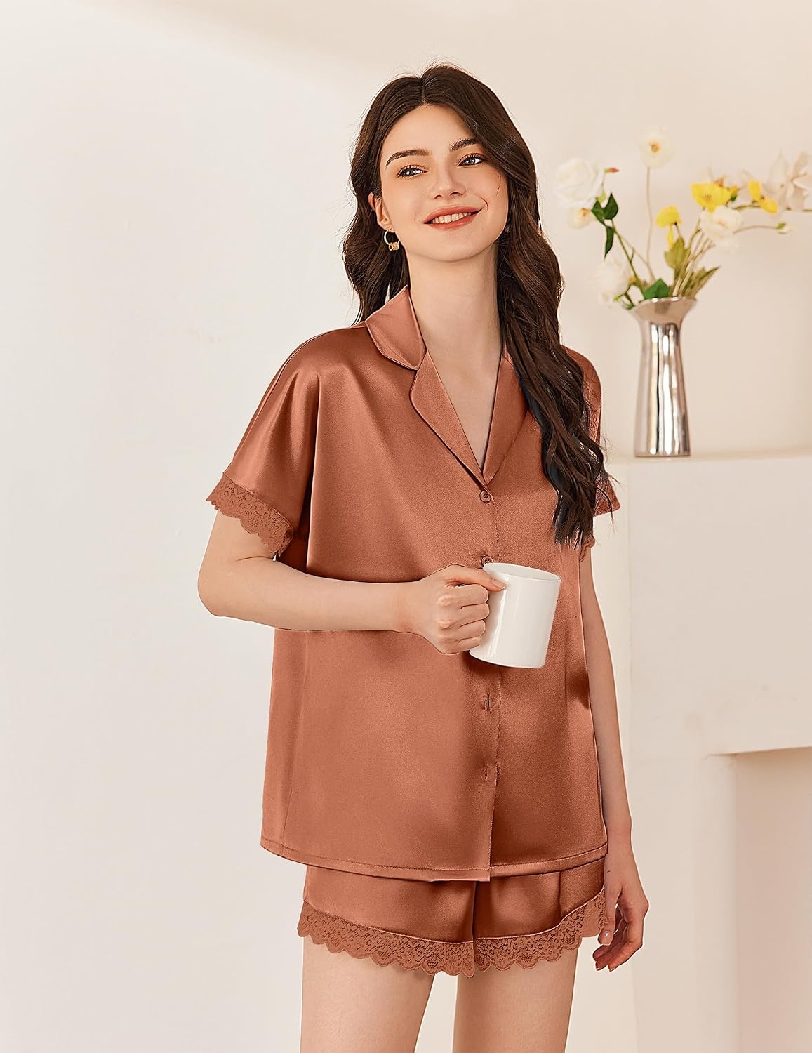 image:imageEkouaer Women Lace Satin Pajama Set Button Down Silk Pjs Shorts Set XSXXLBrown