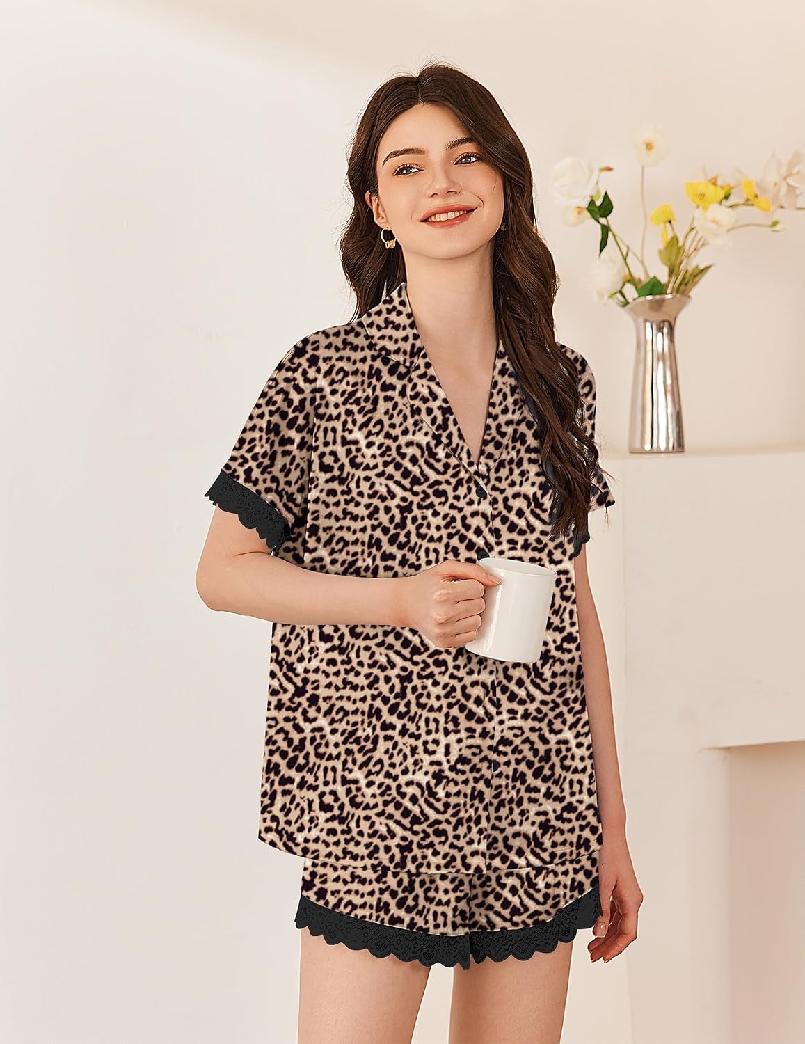 image:imageEkouaer Women Lace Satin Pajama Set Button Down Silk Pjs Shorts Set XSXXLBrown Leopard