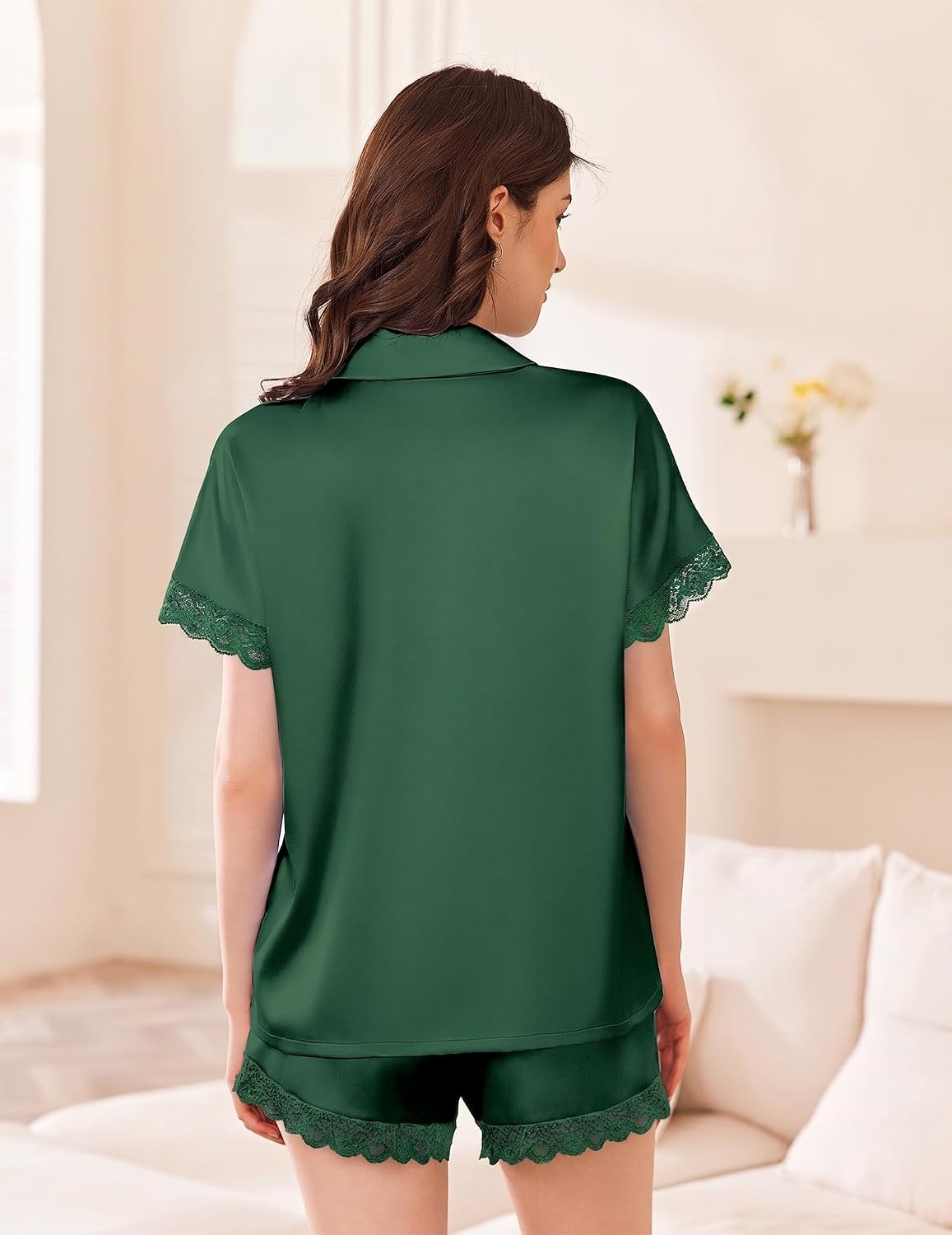 image:imageEkouaer Women Lace Satin Pajama Set Button Down Silk Pjs Shorts Set XSXXLGreen