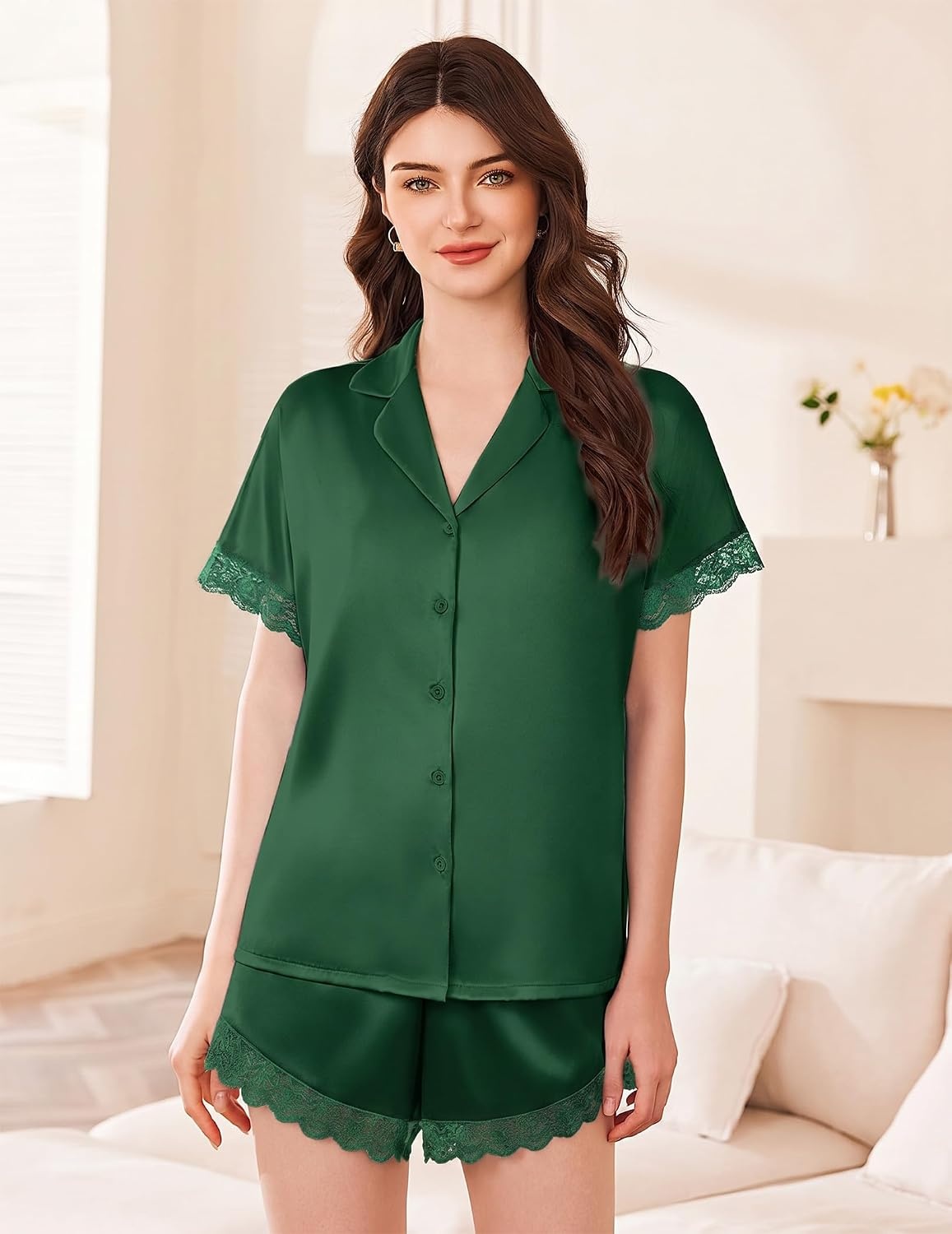 image:imageEkouaer Women Lace Satin Pajama Set Button Down Silk Pjs Shorts Set XSXXLGreen