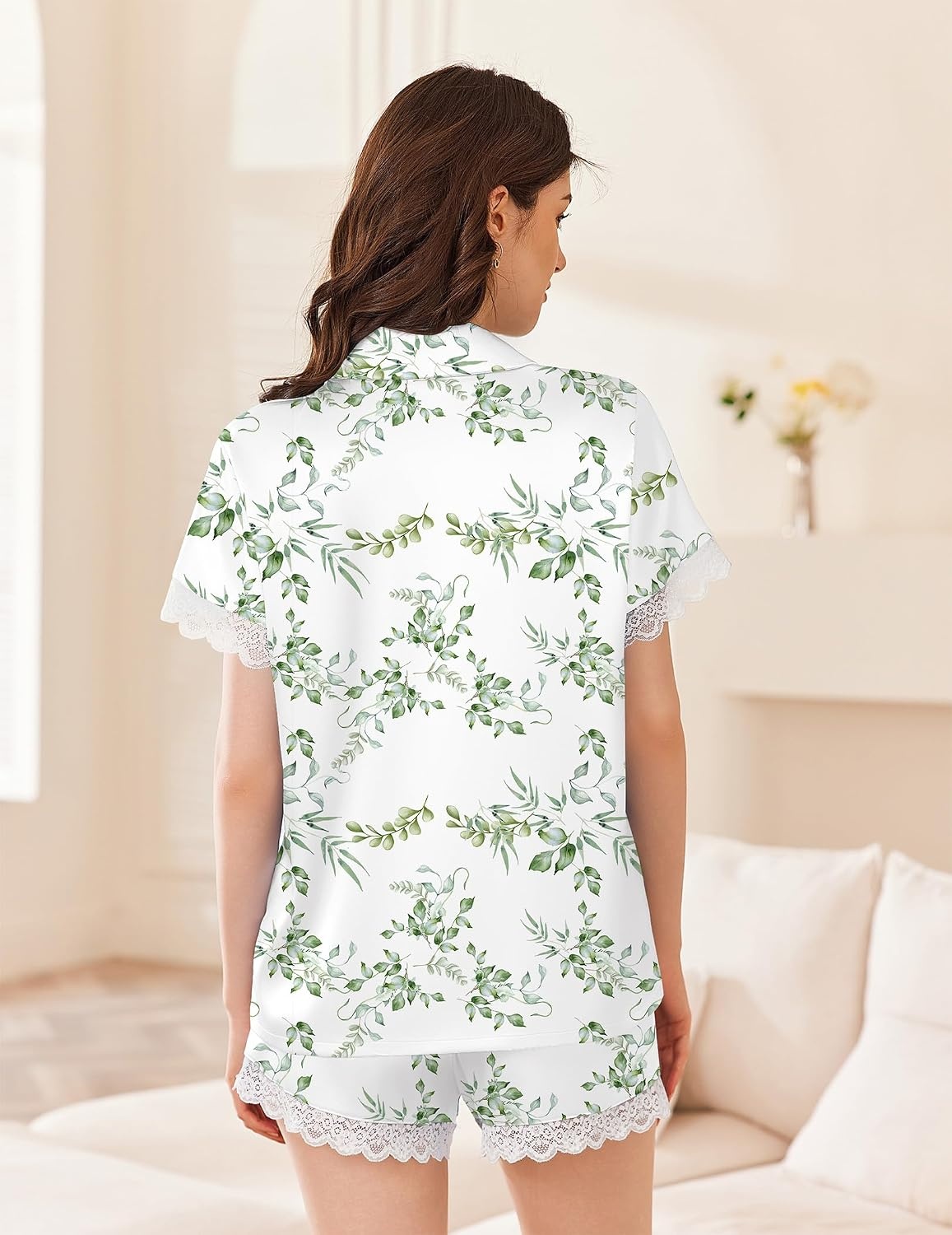 image:imageEkouaer Women Lace Satin Pajama Set Button Down Silk Pjs Shorts Set XSXXLGreen Leaves