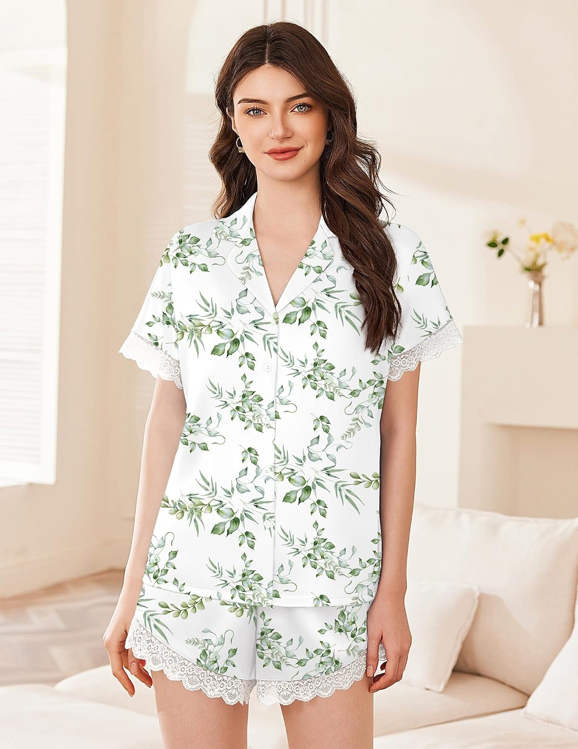 image:imageEkouaer Women Lace Satin Pajama Set Button Down Silk Pjs Shorts Set XSXXLGreen Leaves