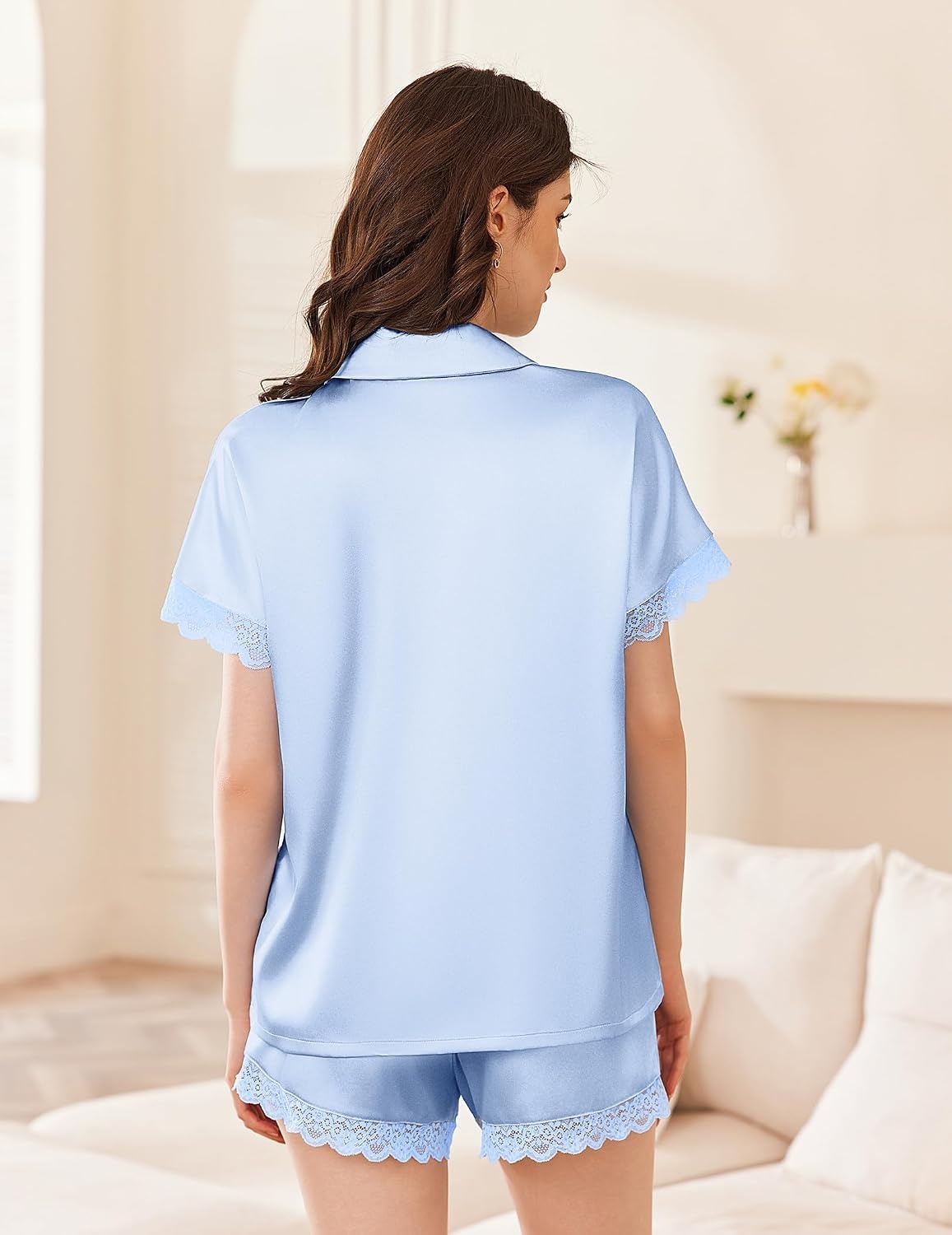 image:imageEkouaer Women Lace Satin Pajama Set Button Down Silk Pjs Shorts Set XSXXLLight Blue