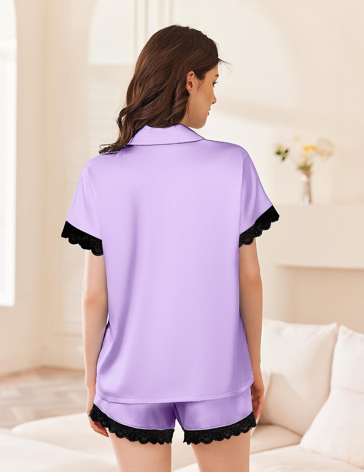image:imageEkouaer Women Lace Satin Pajama Set Button Down Silk Pjs Shorts Set XSXXLLight Purple
