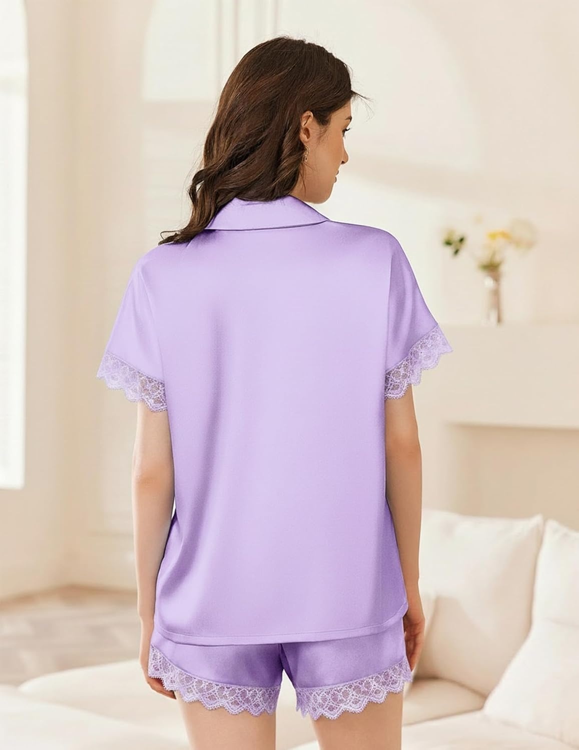 image:imageEkouaer Women Lace Satin Pajama Set Button Down Silk Pjs Shorts Set XSXXLLilac