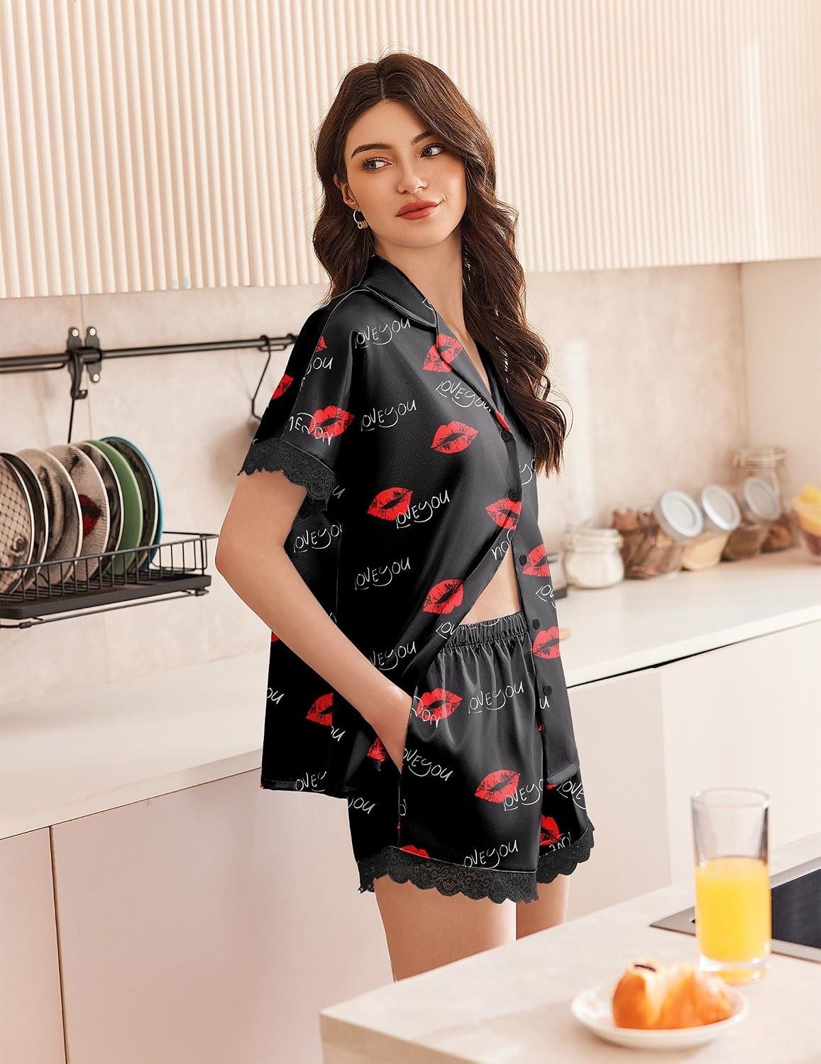 image:imageEkouaer Women Lace Satin Pajama Set Button Down Silk Pjs Shorts Set XSXXLLove You Lips