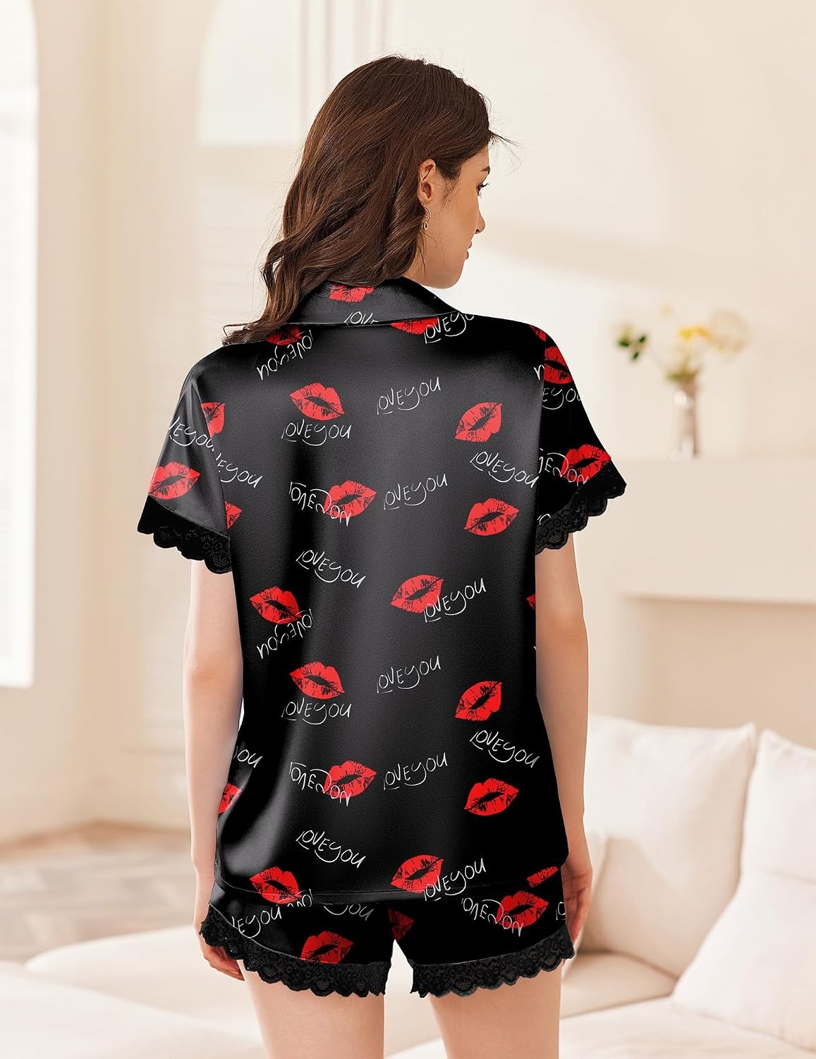 image:imageEkouaer Women Lace Satin Pajama Set Button Down Silk Pjs Shorts Set XSXXLLove You Lips