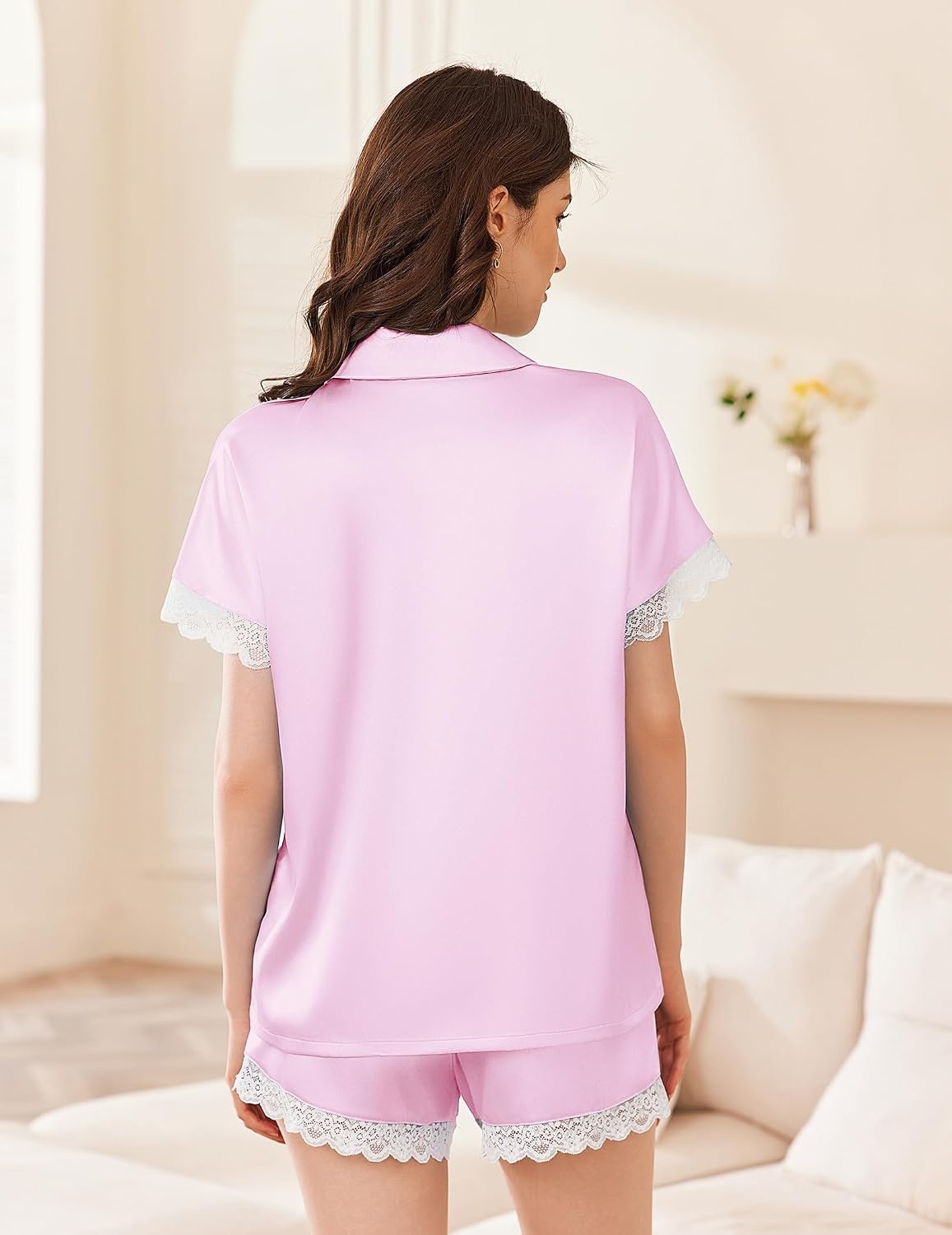 image:imageEkouaer Women Lace Satin Pajama Set Button Down Silk Pjs Shorts Set XSXXLPink