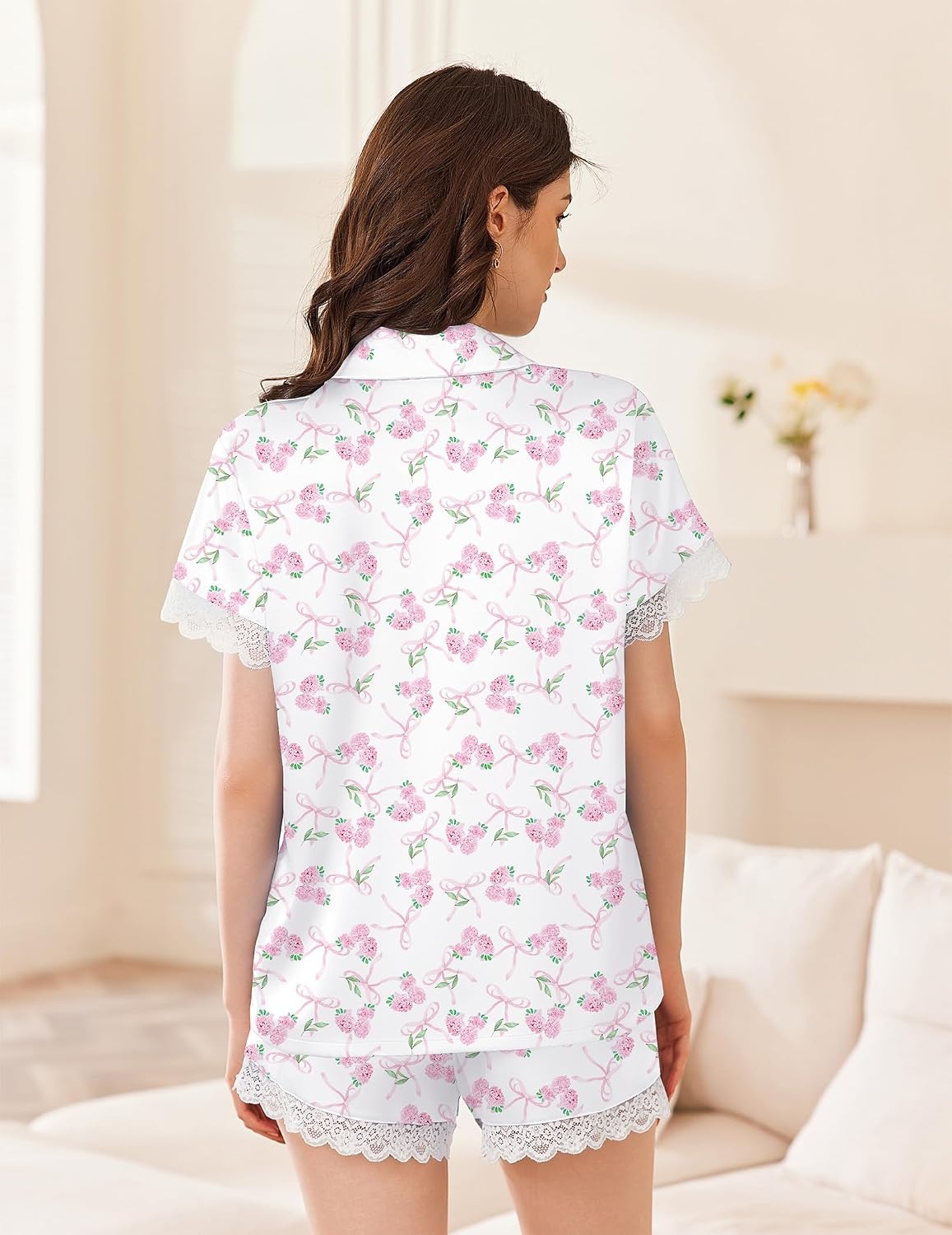 image:imageEkouaer Women Lace Satin Pajama Set Button Down Silk Pjs Shorts Set XSXXLPink Bow Hydrangea