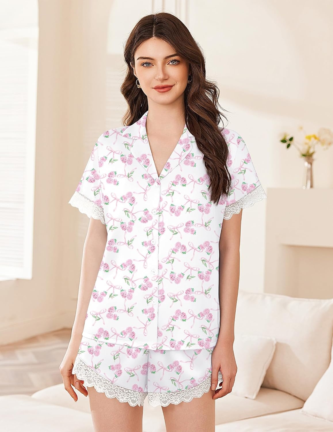 image:imageEkouaer Women Lace Satin Pajama Set Button Down Silk Pjs Shorts Set XSXXLPink Bow Hydrangea