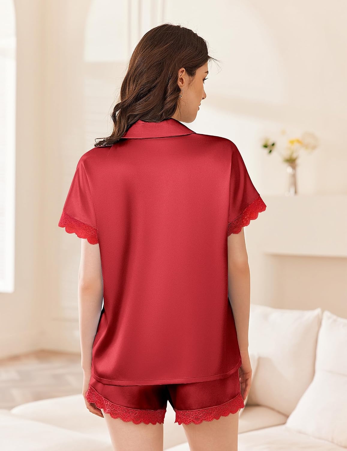 image:imageEkouaer Women Lace Satin Pajama Set Button Down Silk Pjs Shorts Set XSXXLRed