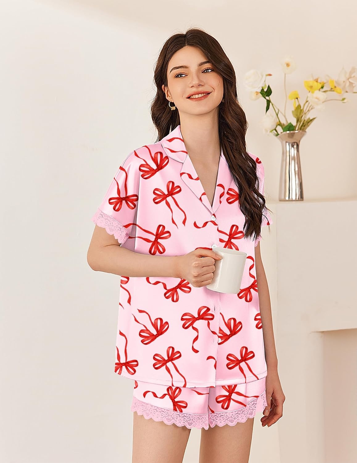 image:imageEkouaer Women Lace Satin Pajama Set Button Down Silk Pjs Shorts Set XSXXLRed Bow