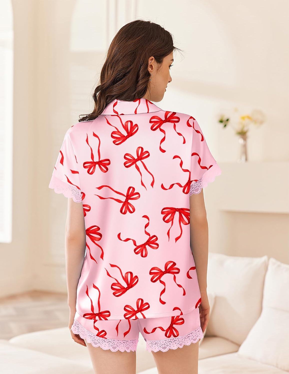 image:imageEkouaer Women Lace Satin Pajama Set Button Down Silk Pjs Shorts Set XSXXLRed Bow