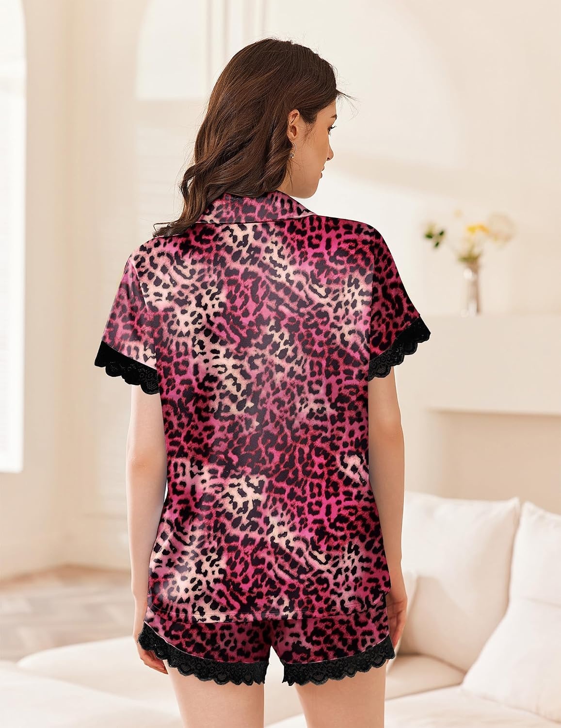 image:imageEkouaer Women Lace Satin Pajama Set Button Down Silk Pjs Shorts Set XSXXLRose Black Leopard